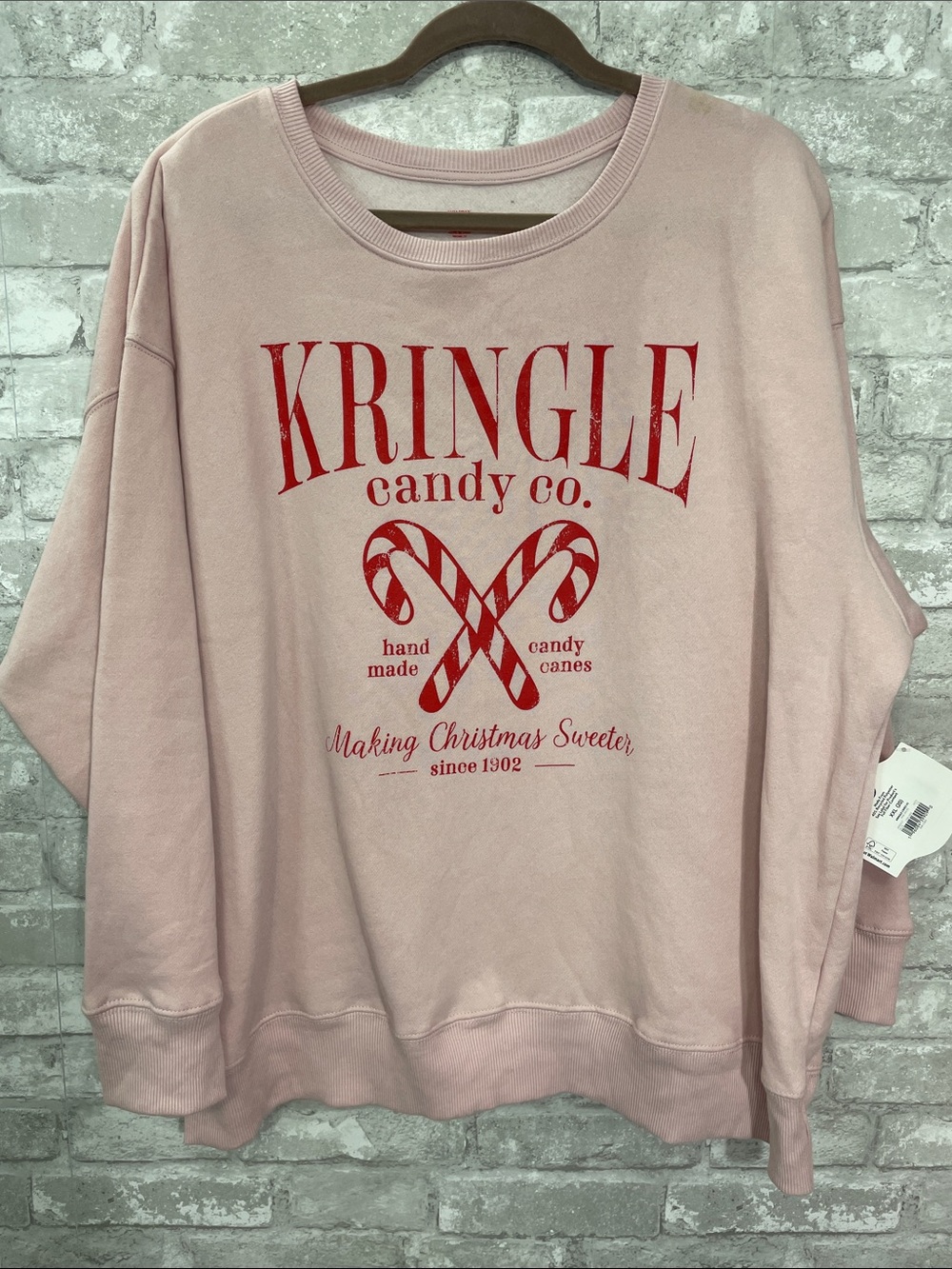 Holiday Time Pink Graphic Crewneck Sweatshirt with Red Candy Cane Print